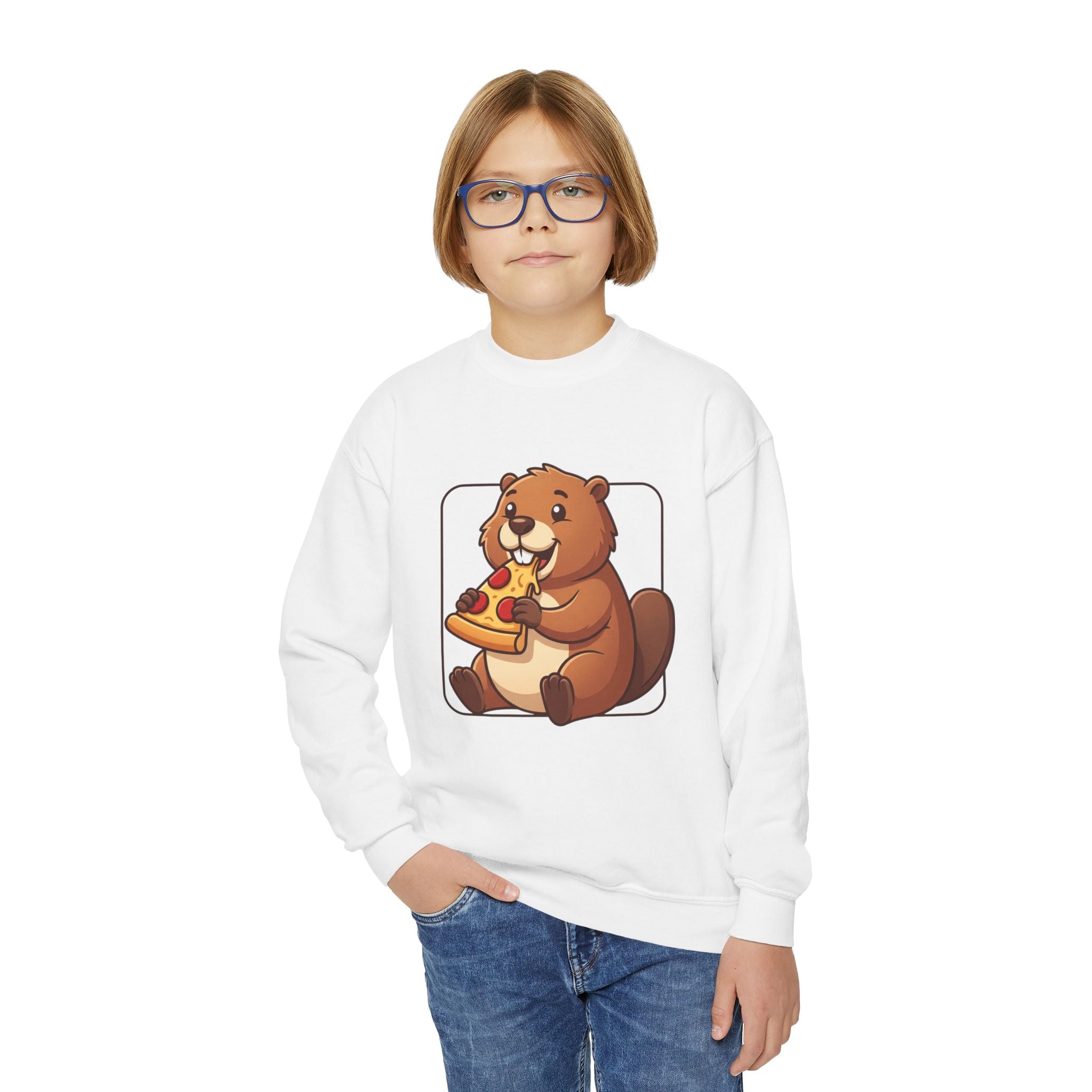 Kids Pizza-Loving Beaver Crewneck Sweatshirt